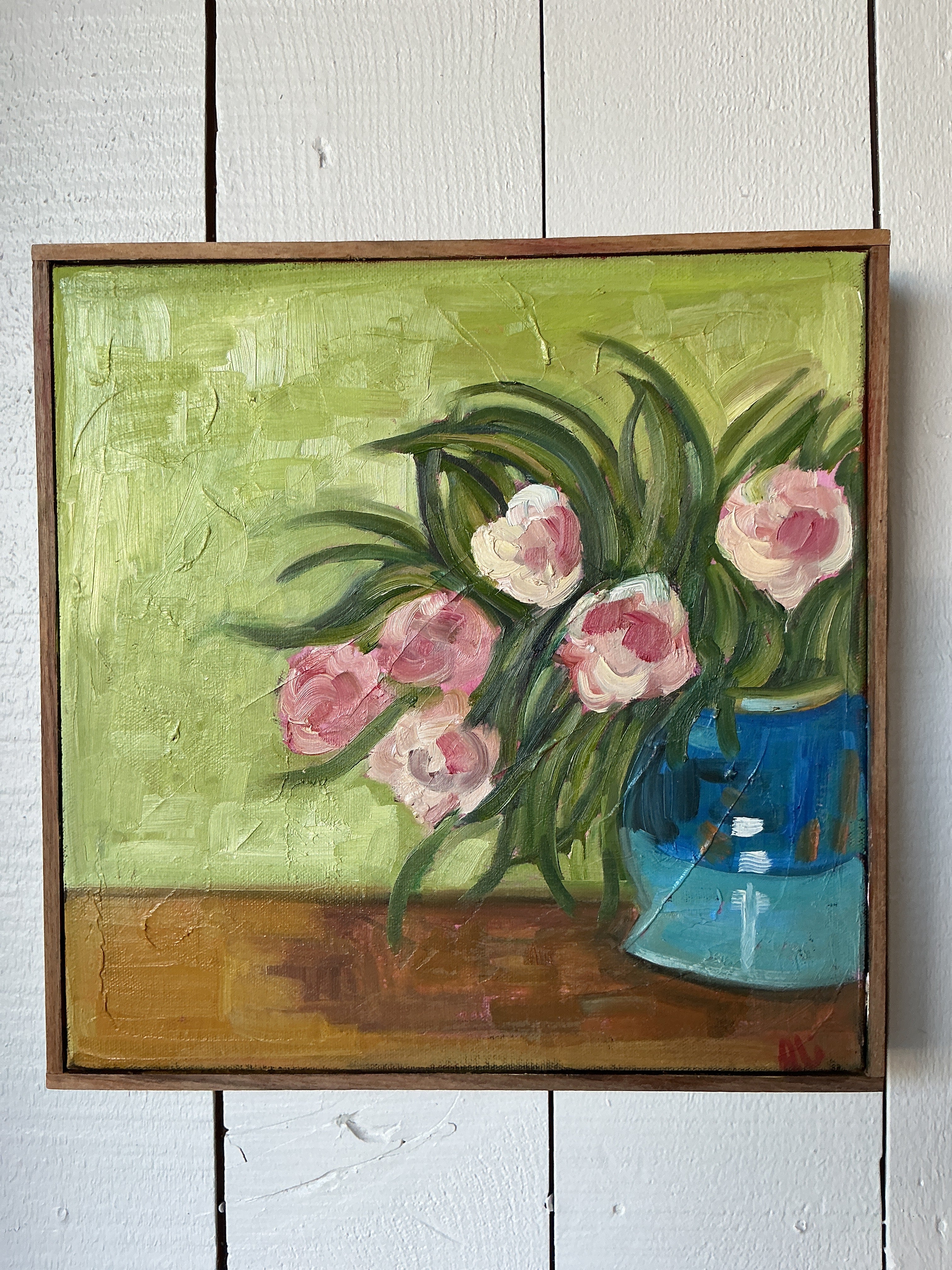 Alison Parsons, Pink Flowers Blue Vase 12”x12”