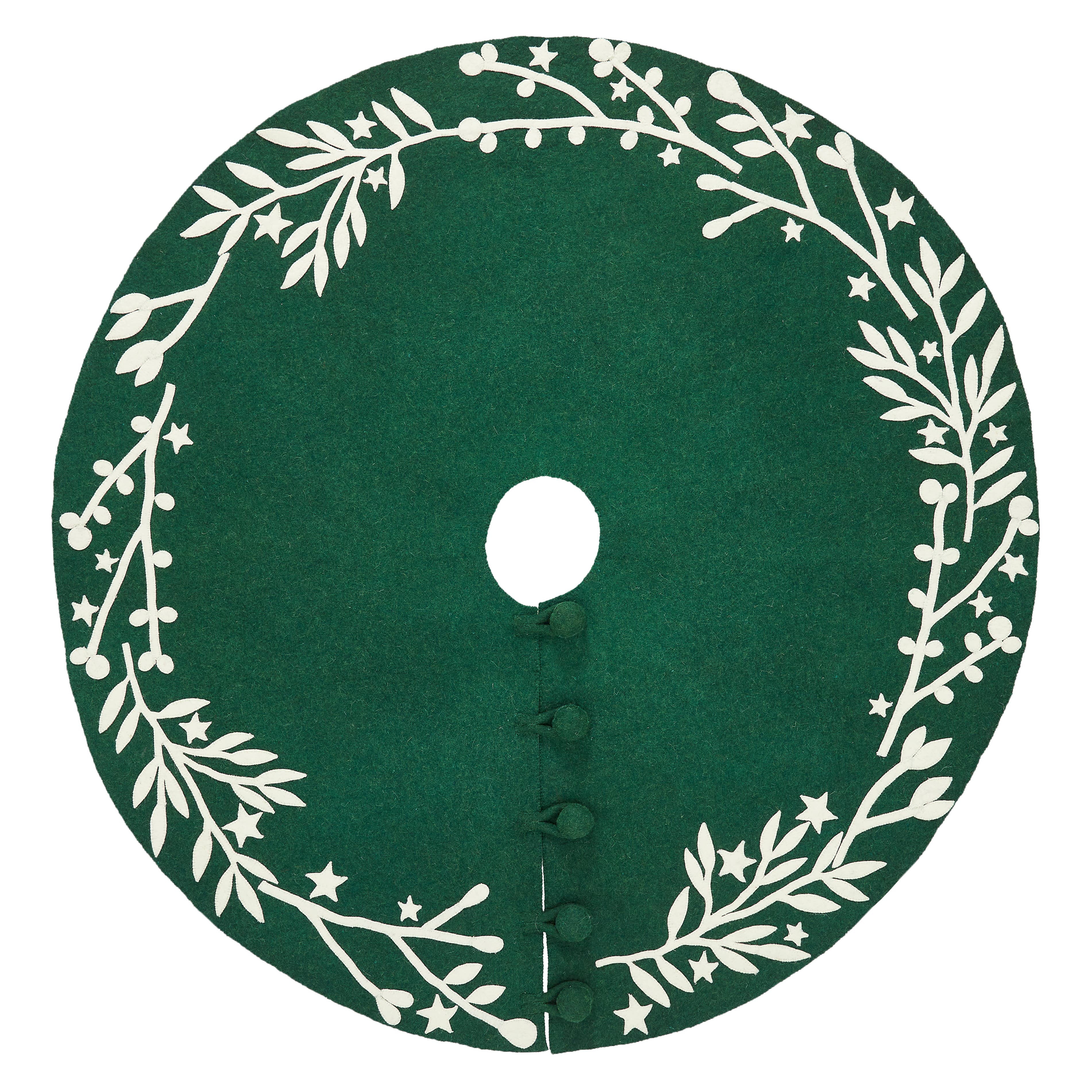 Handmade Green Christmas Tree Skirt Cream Branches & Stars