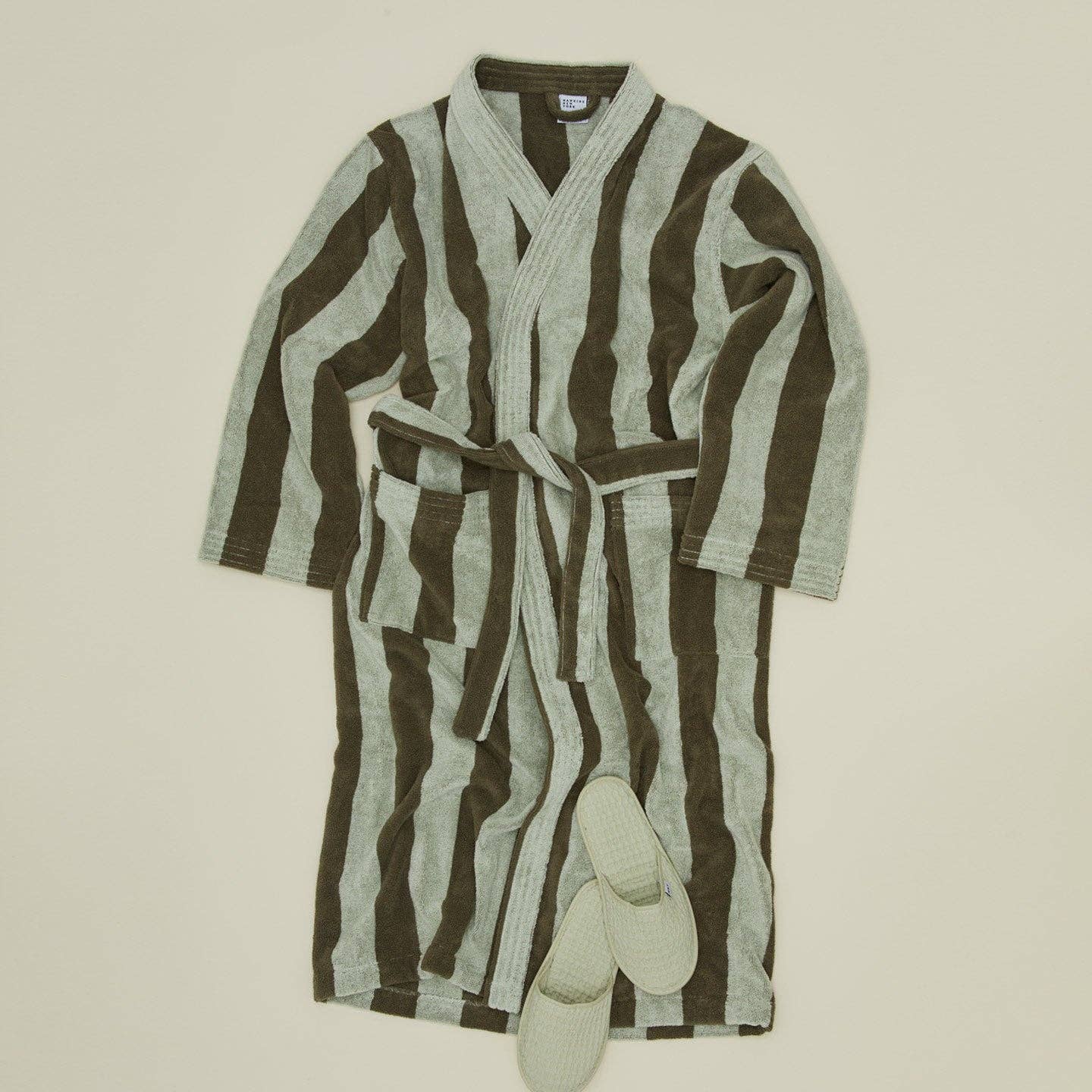 Simple Striped Terry Bathrobe- Olive/Sage: Large