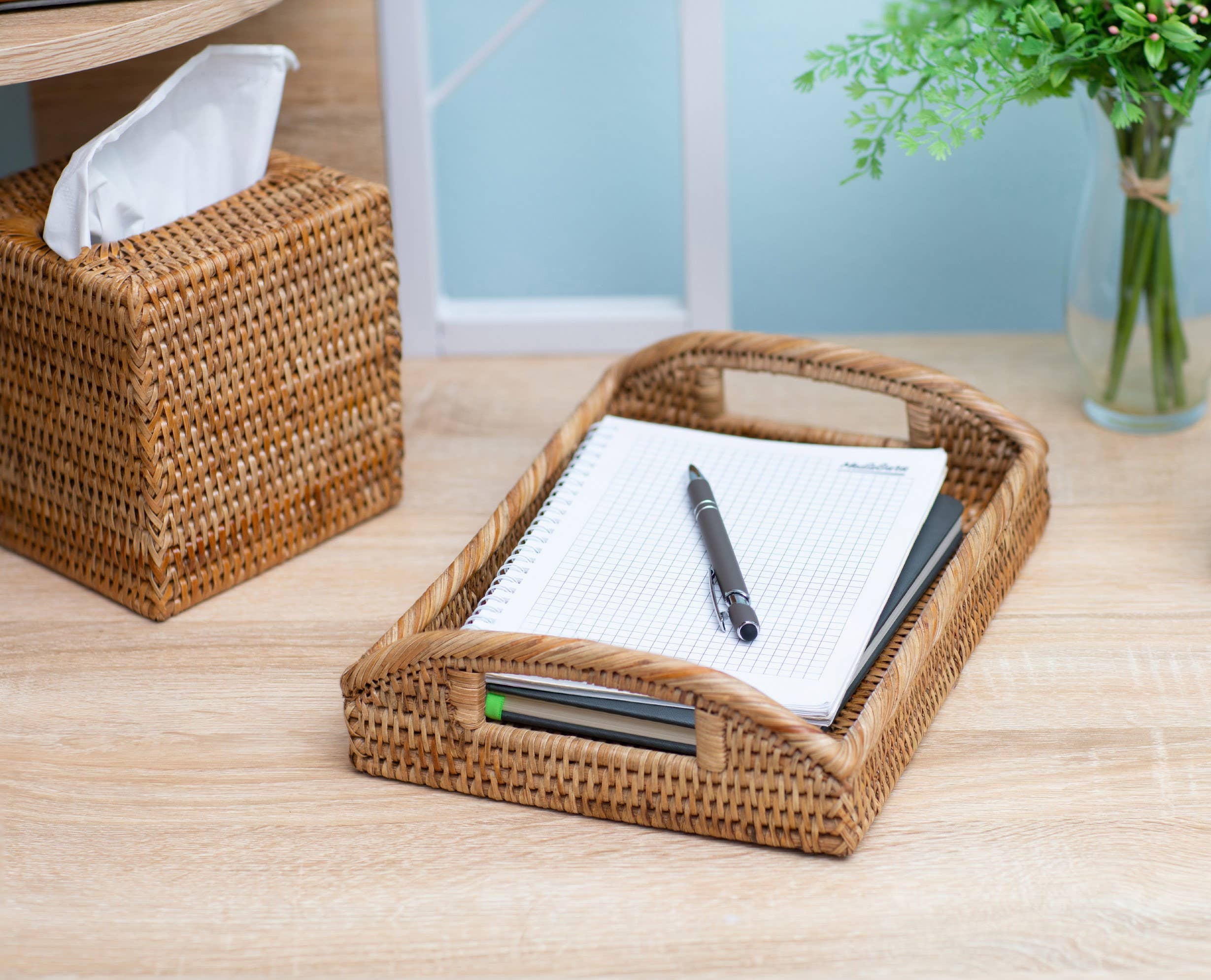 Artifacts Rattan™ Rectangular Vanity Tray With High Handles: Tudor Black