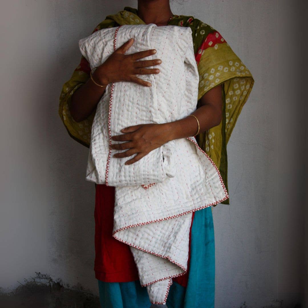 Basha Natural Kantha Throw Blanket : Primary colors