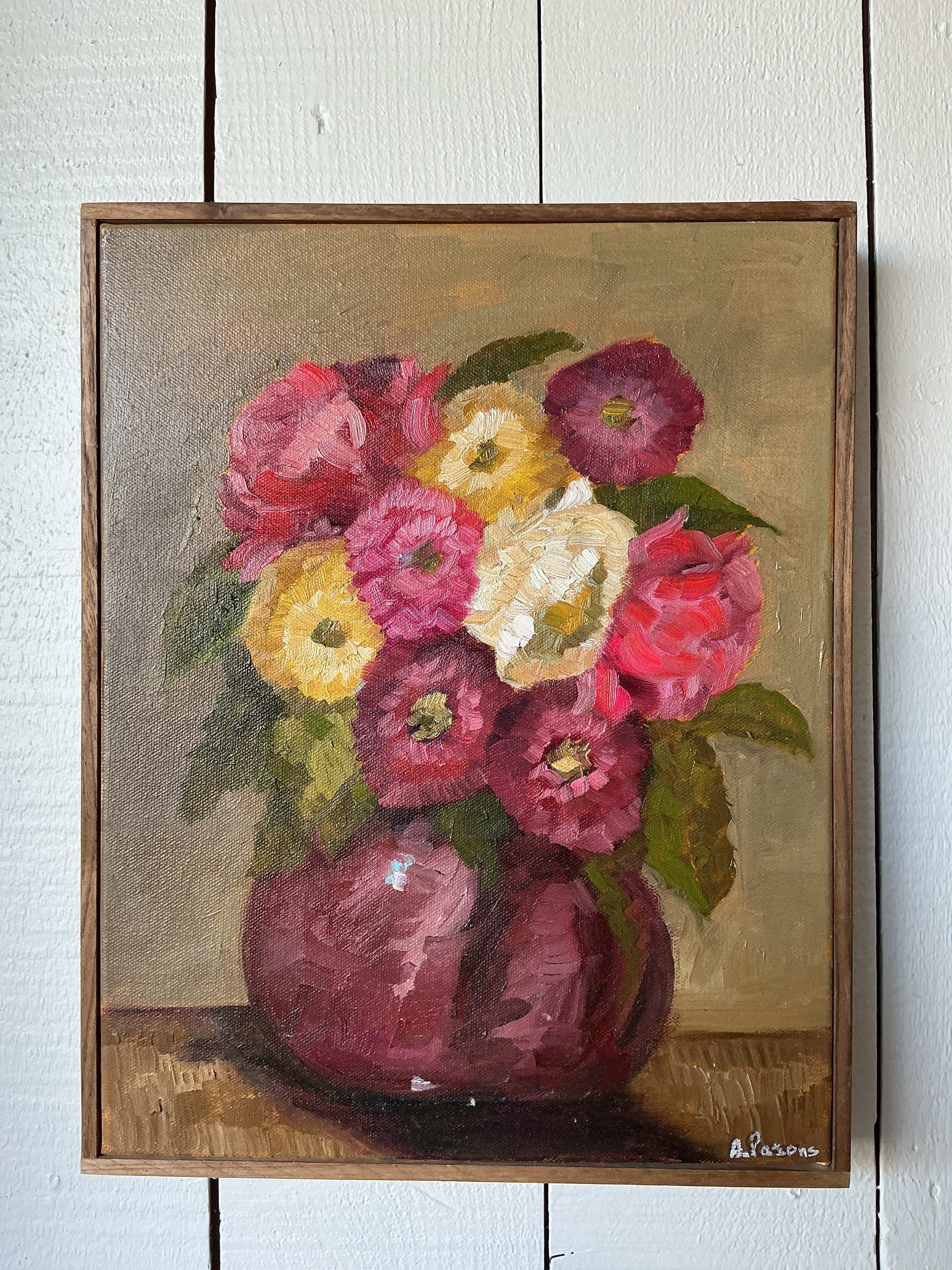 Alison Parsons, Pink and Yellow Bouquet of Flowers 14.5”x11.5”