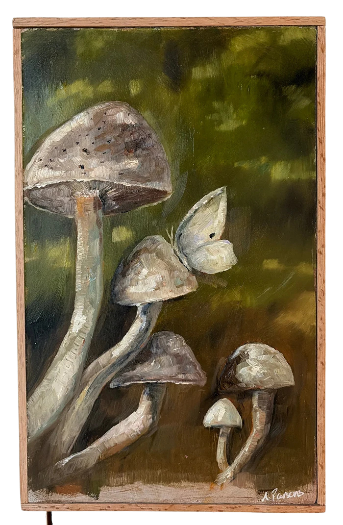 Ali Parsons, White Mushrooms with White Butterfly 14.5”x9”