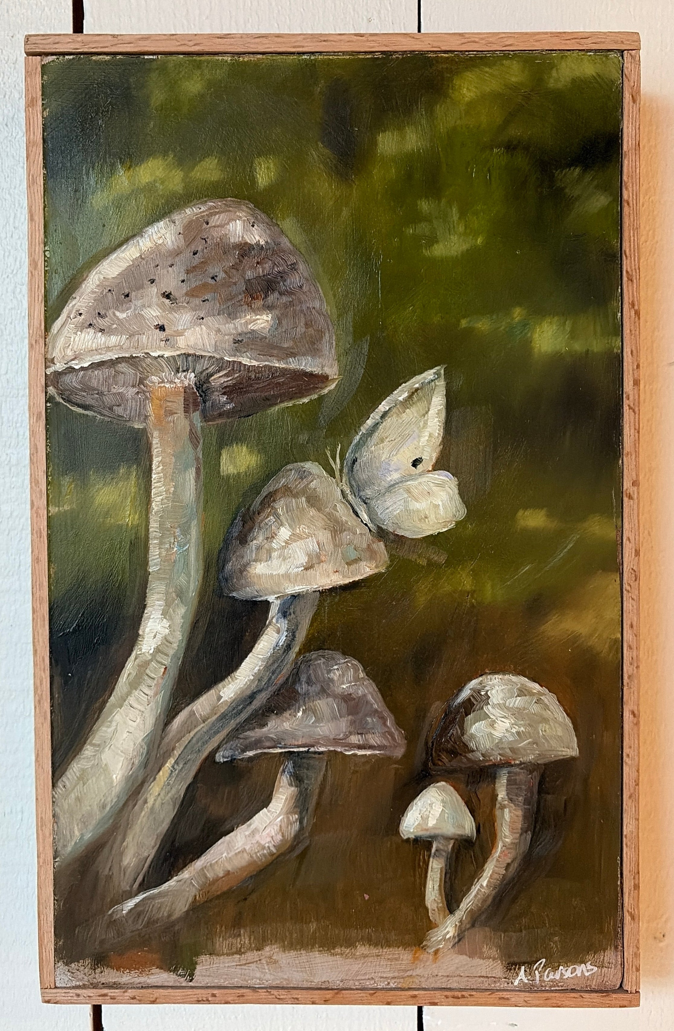 Ali Parsons, White Mushrooms with White Butterfly 14.5”x9”