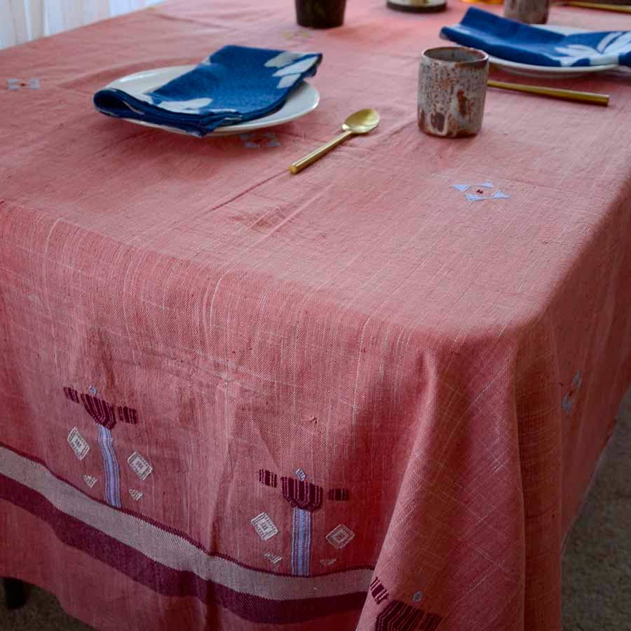 Pink Handwoven Organic Cotton Tablecloth | Indian Summer: 56"x84"