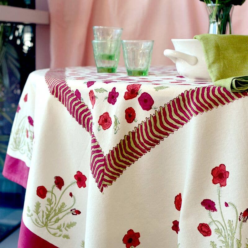 Poppies Red & Green | French Tablecloths: 59" x 59"