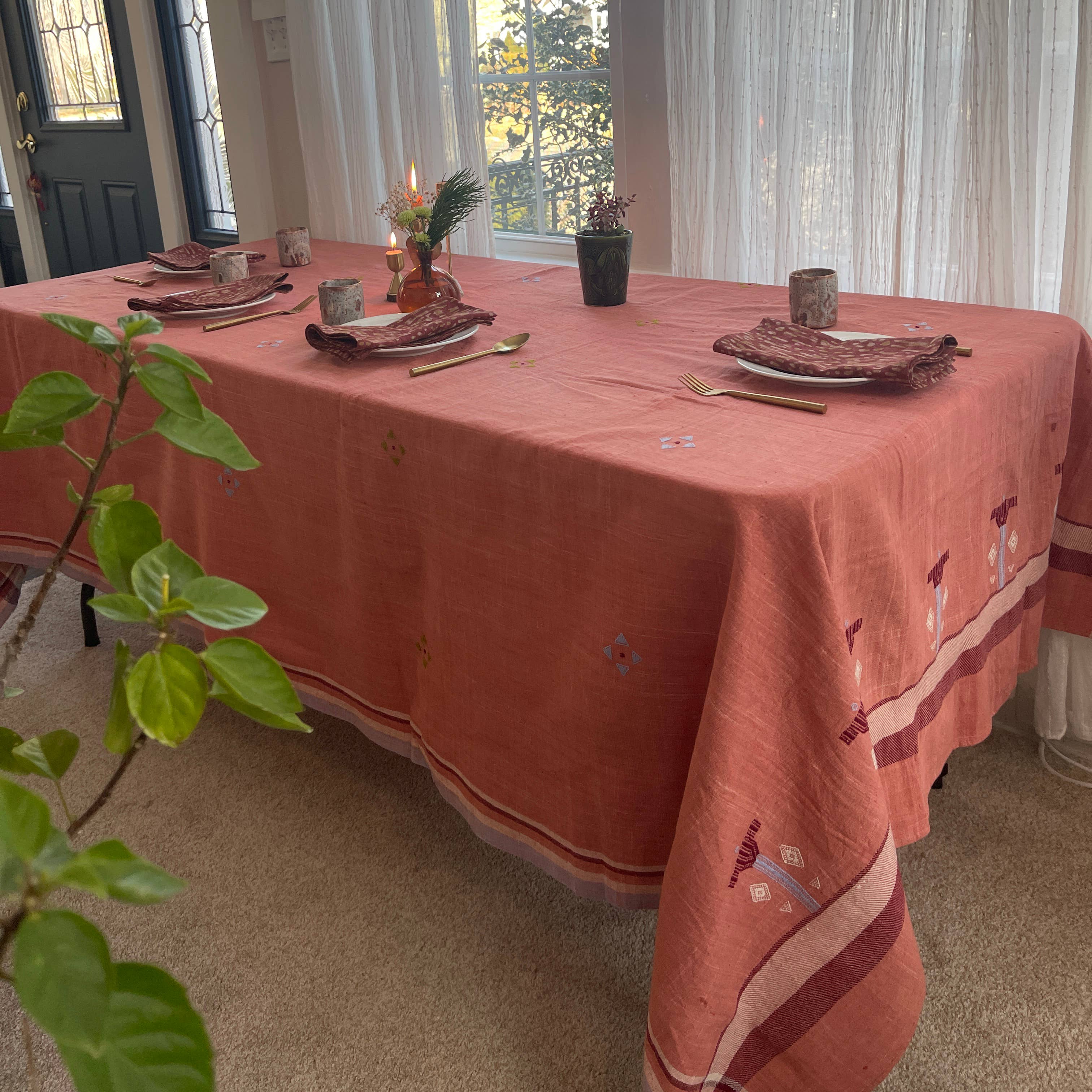 Pink Handwoven Organic Cotton Tablecloth | Indian Summer: 56"x108"