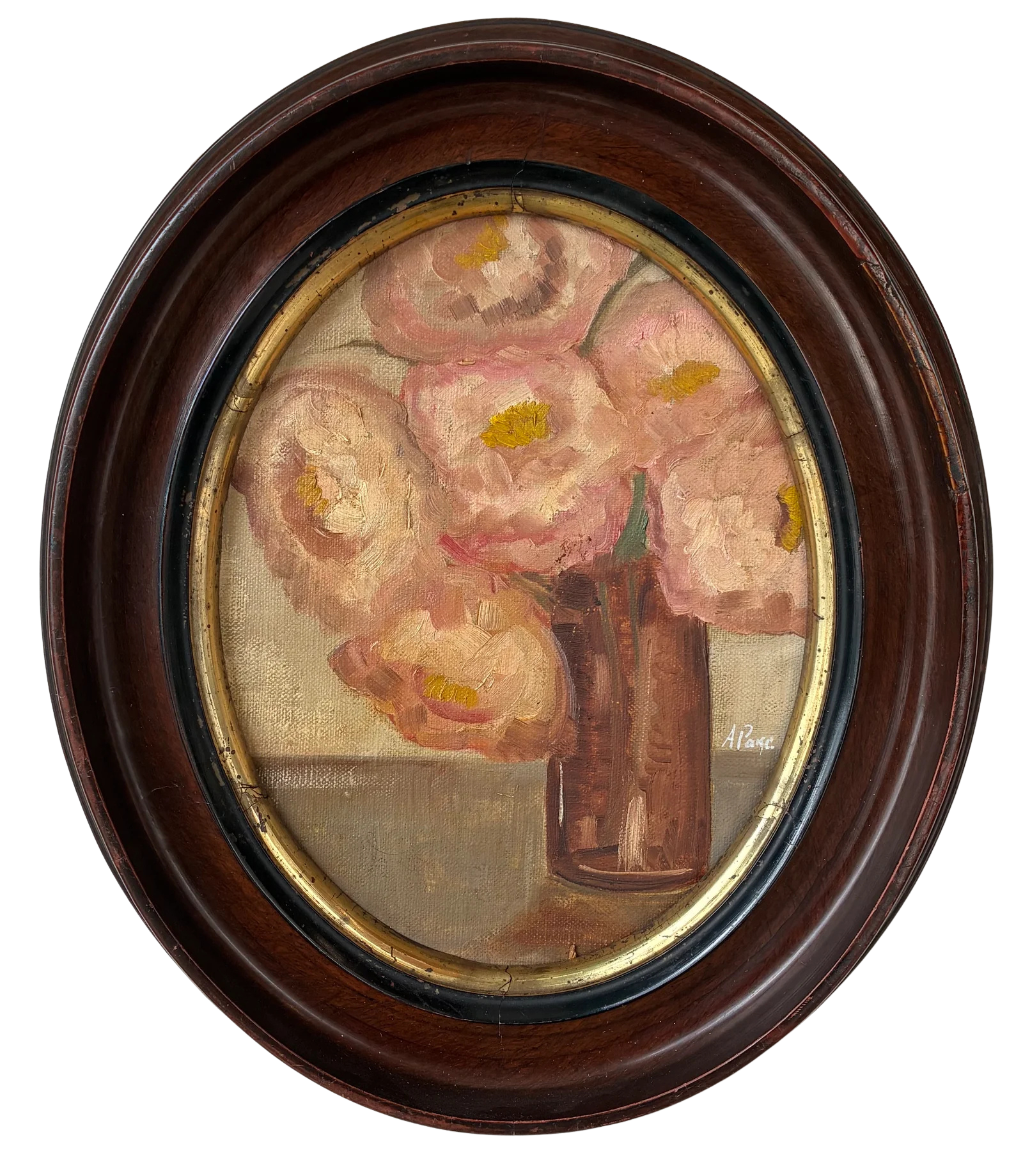 Alison Parsons, Pink Bouquet in a Vintage Wood Oval Frame 12” x 14”