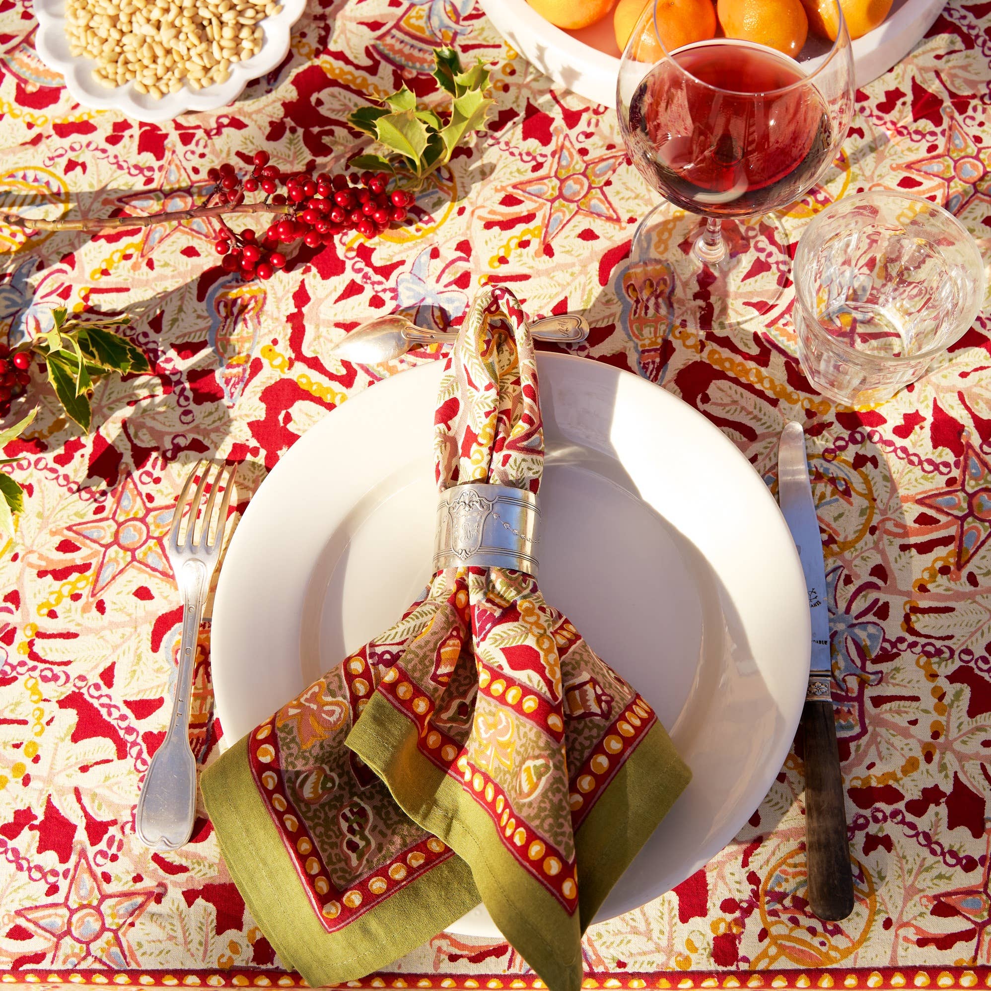 Noel Red & Green | French Tablecloths: 59" x 59"