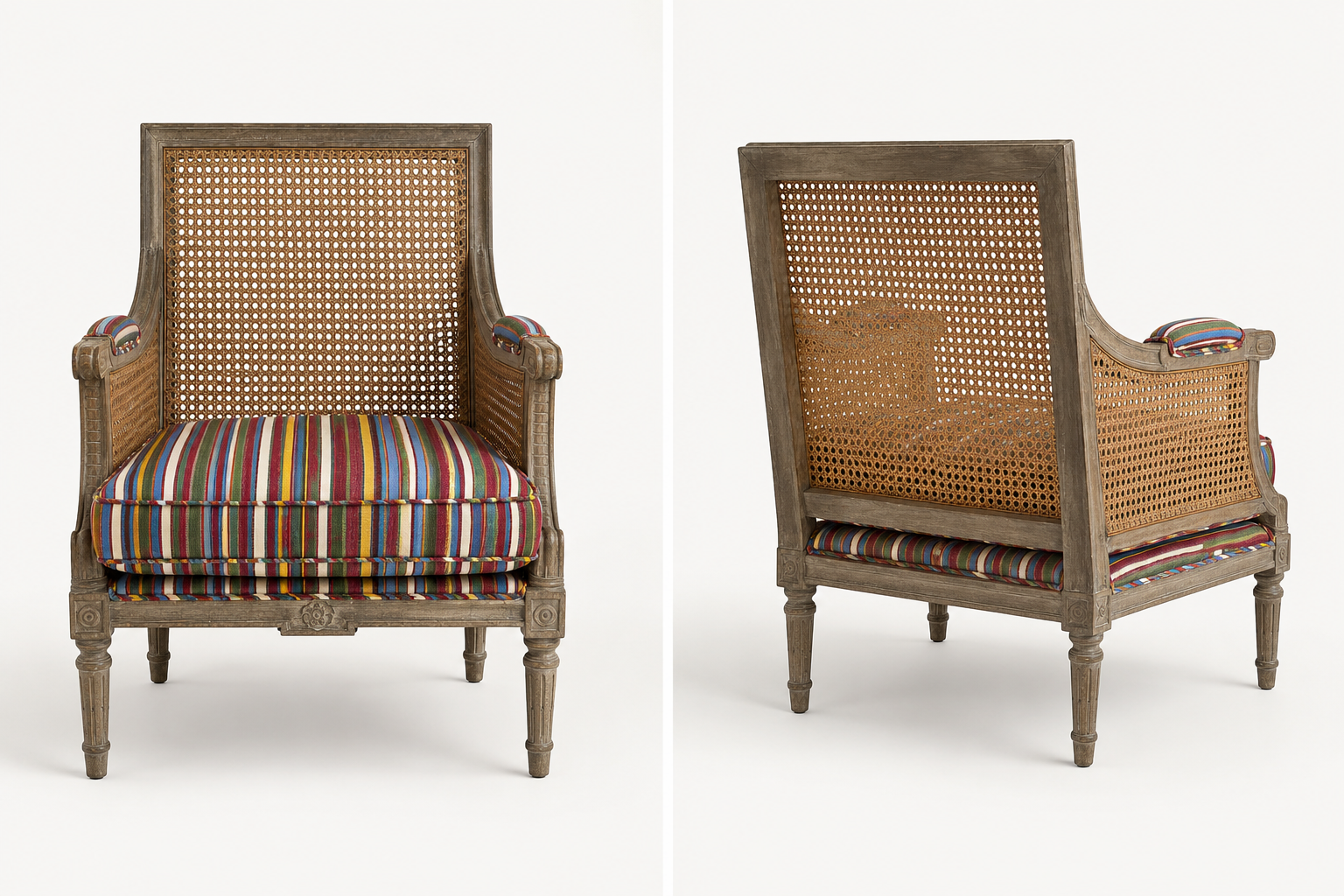Square Back Cane Chairs Upholstered in Olivia Dickinson Striped Fabric