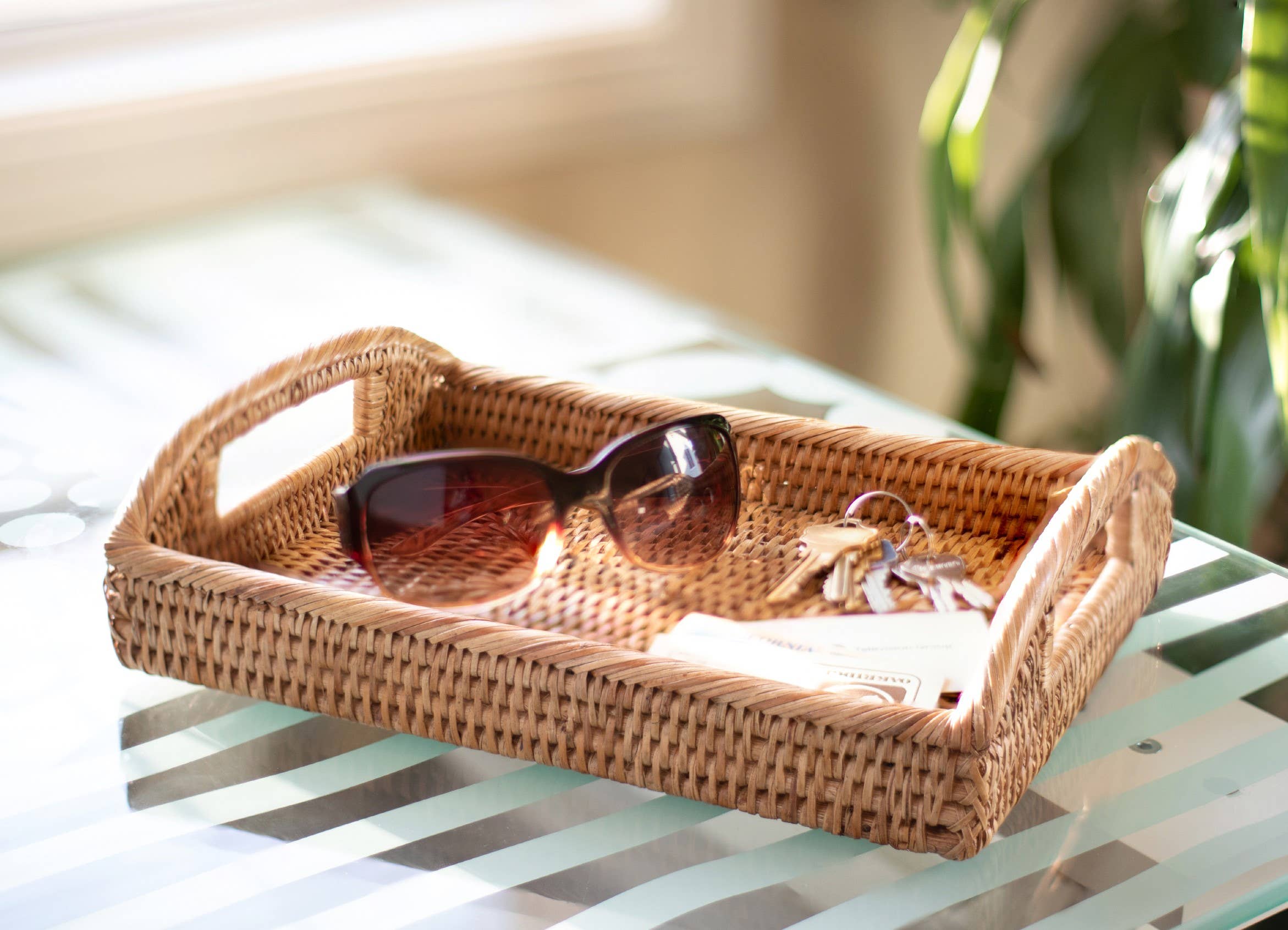 Artifacts Rattan™ Rectangular Vanity Tray With High Handles: Honey Brown