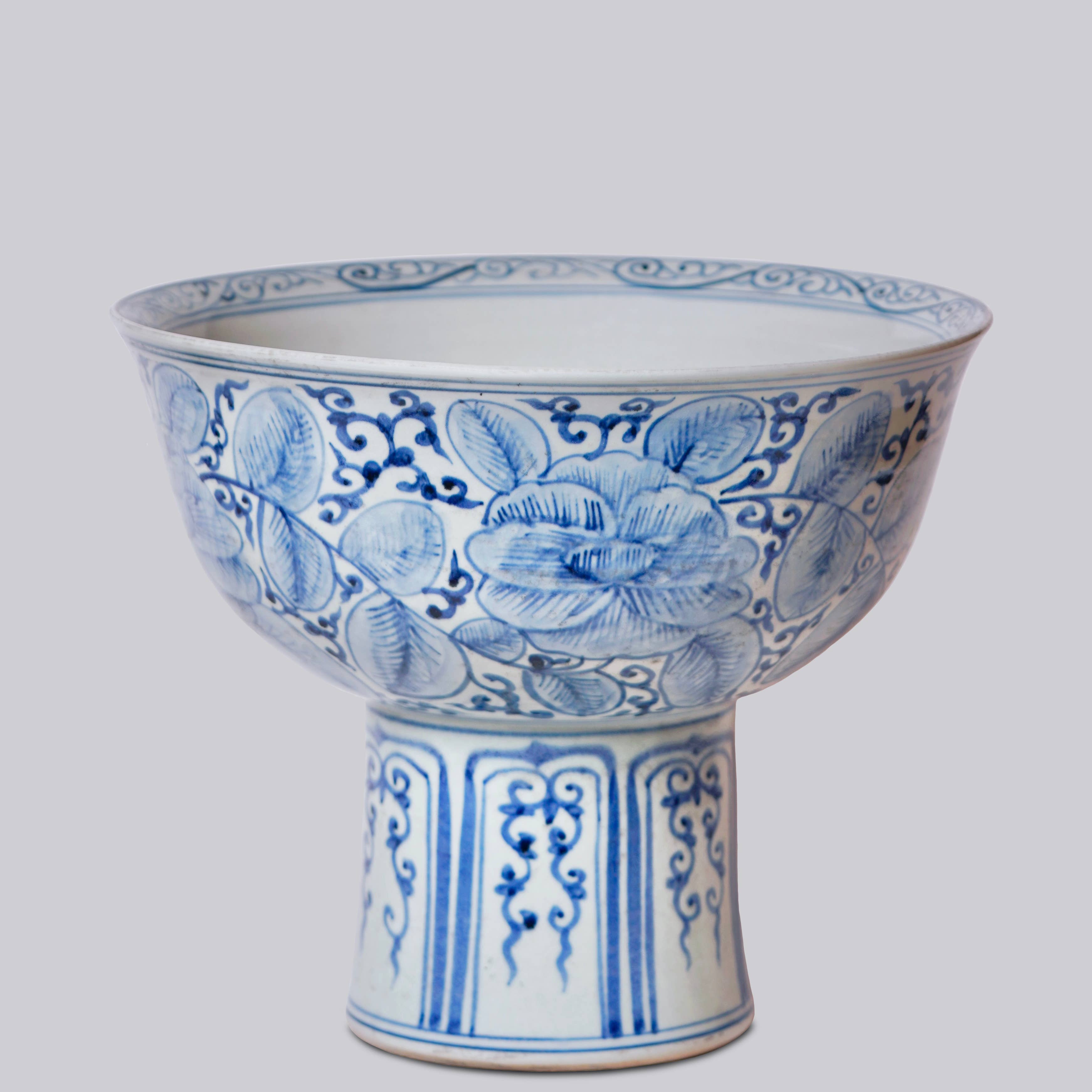 Blue and White Porcelain Rose Large Footed Bowl