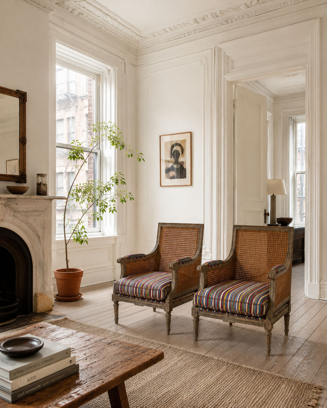 Square Back Cane Chairs Upholstered in Olivia Dickinson Striped Fabric