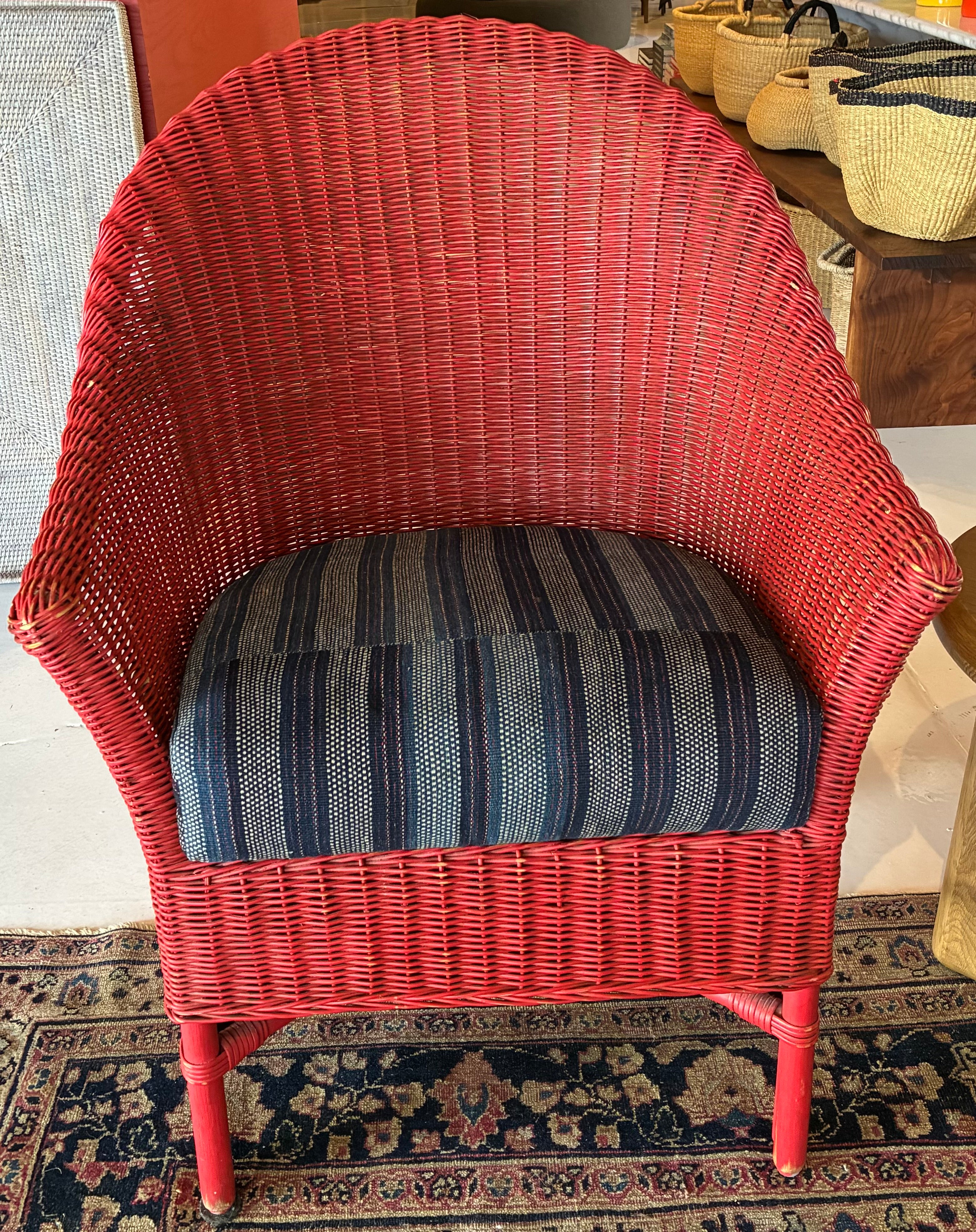 Vintage Red Wicker Chair with Custom Reupholstered African Cloth Cushion