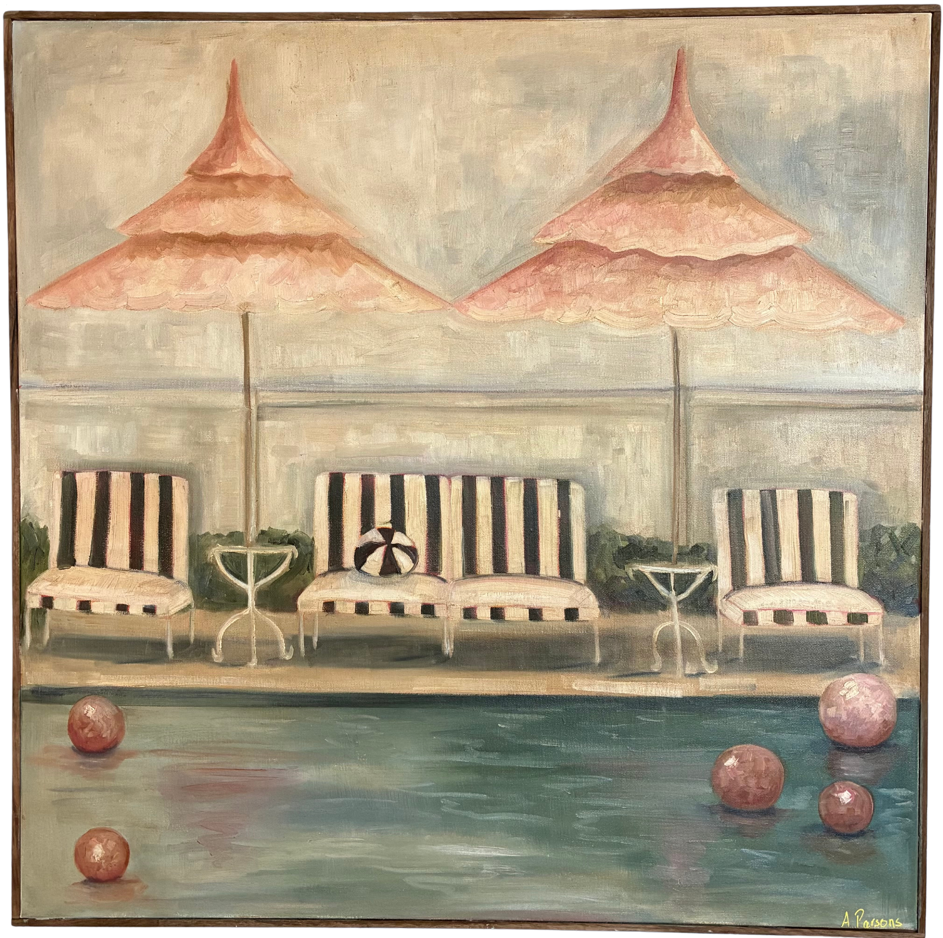Alison Parsons, Pool Scene With Pink Umbrellas, 30.5” x 30.5”