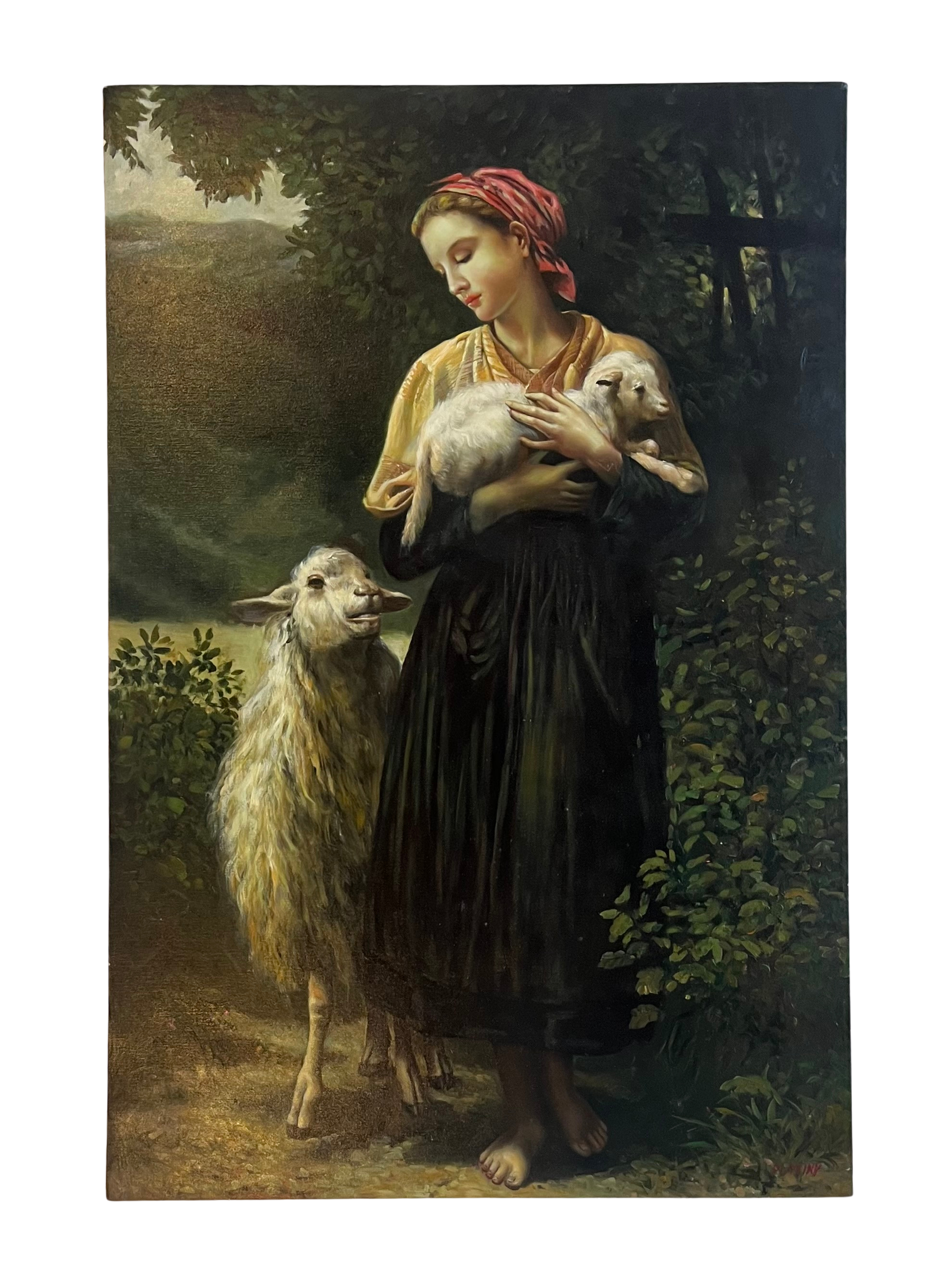 Lady With Lambs Painting 36”x24”