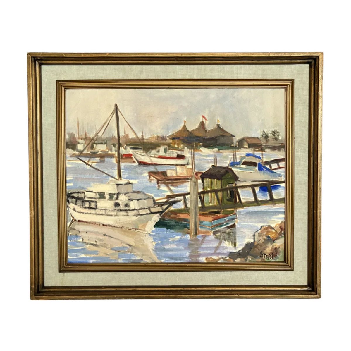 Vintage Impressionistic Oil Painting, Harbor Scene 26” x 22”