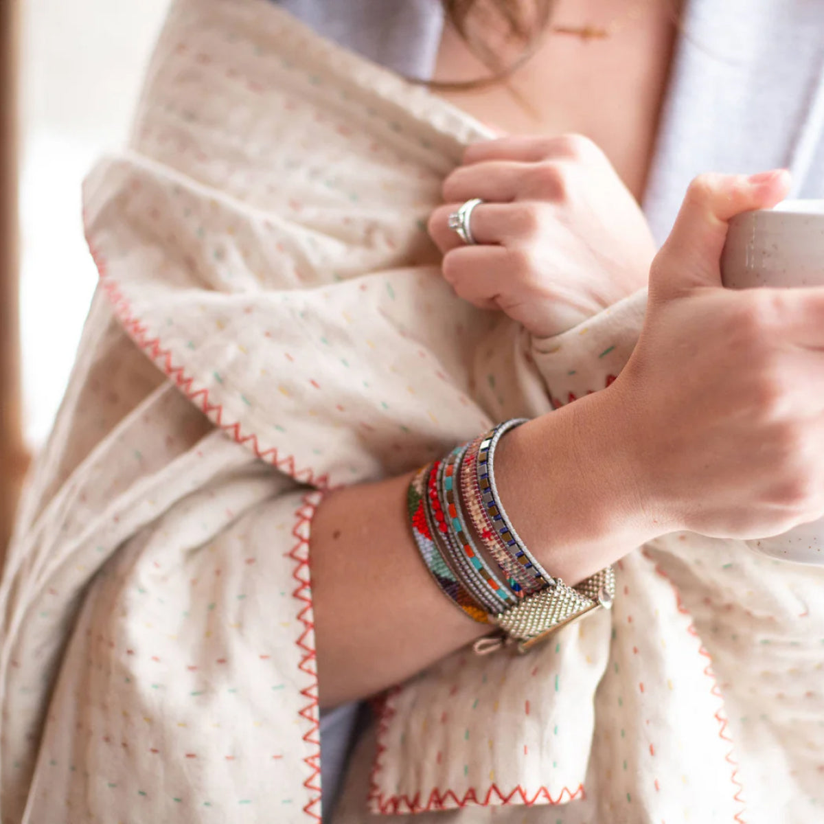 Basha Natural Kantha Throw Blanket : Shades of blue