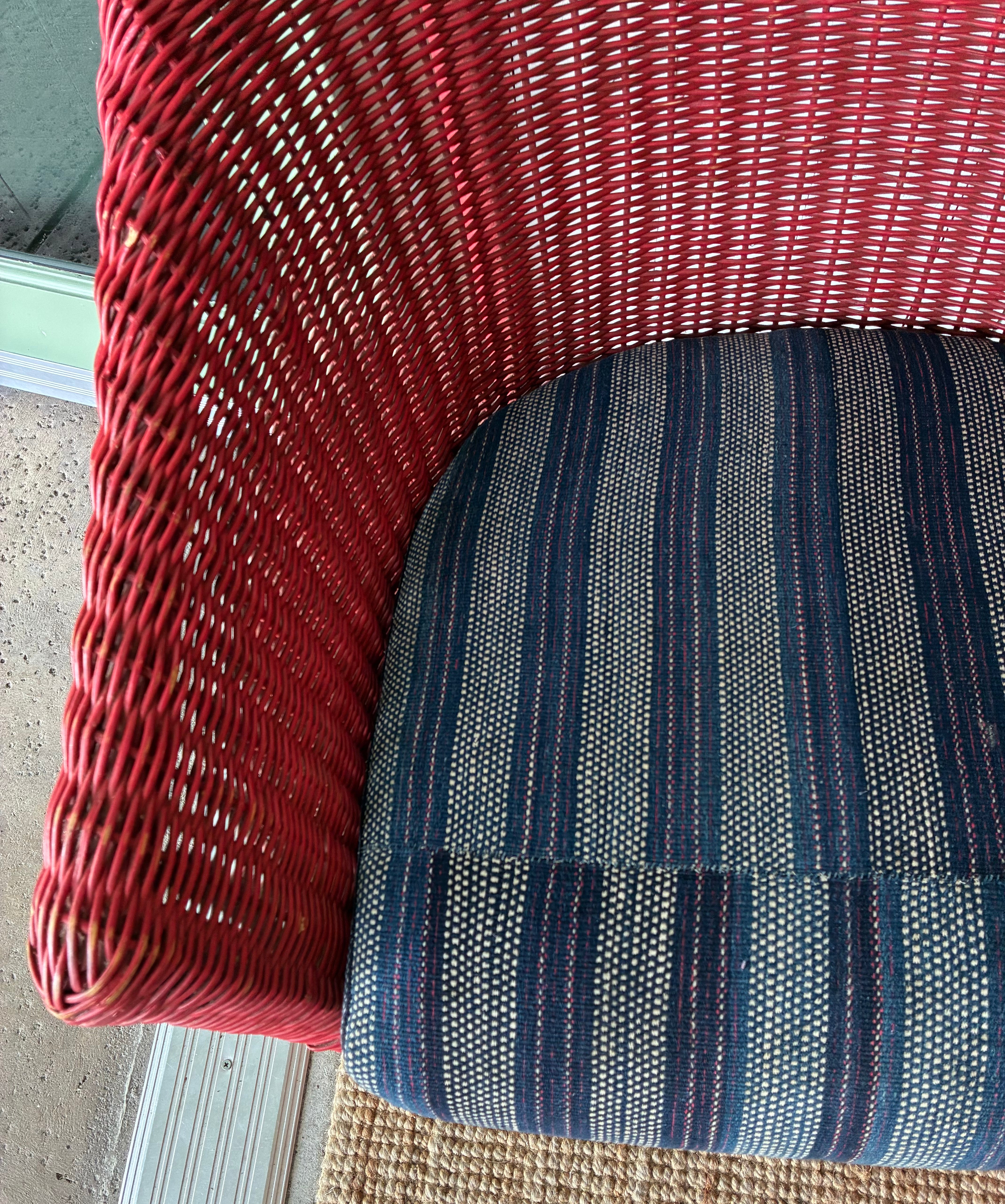 Vintage Red Wicker Chair with Custom Reupholstered African Cloth Cushion