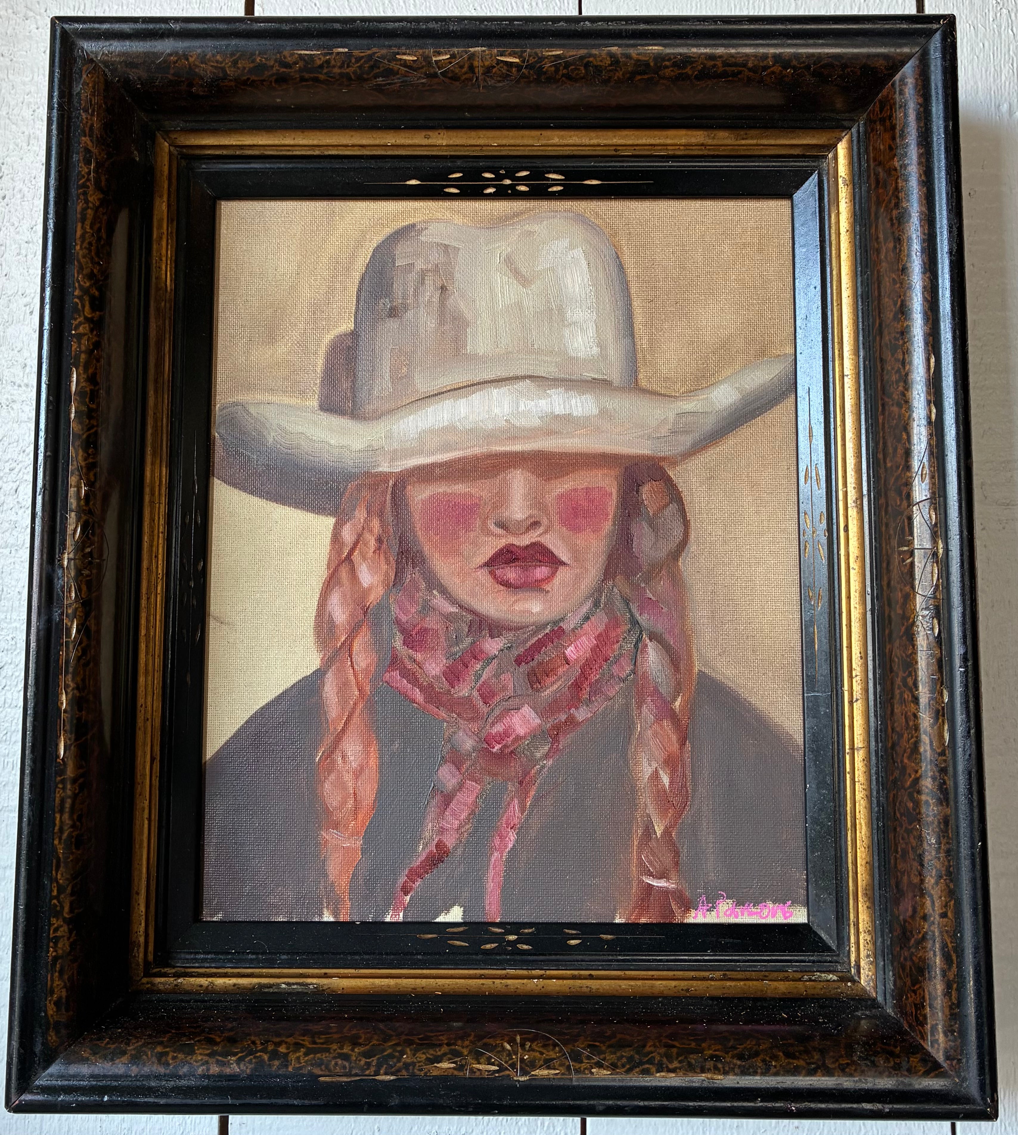 Alison Parsons, Cowgirl With Braids 12” x 14” in Vintage Early 1900 Eastlake Frame