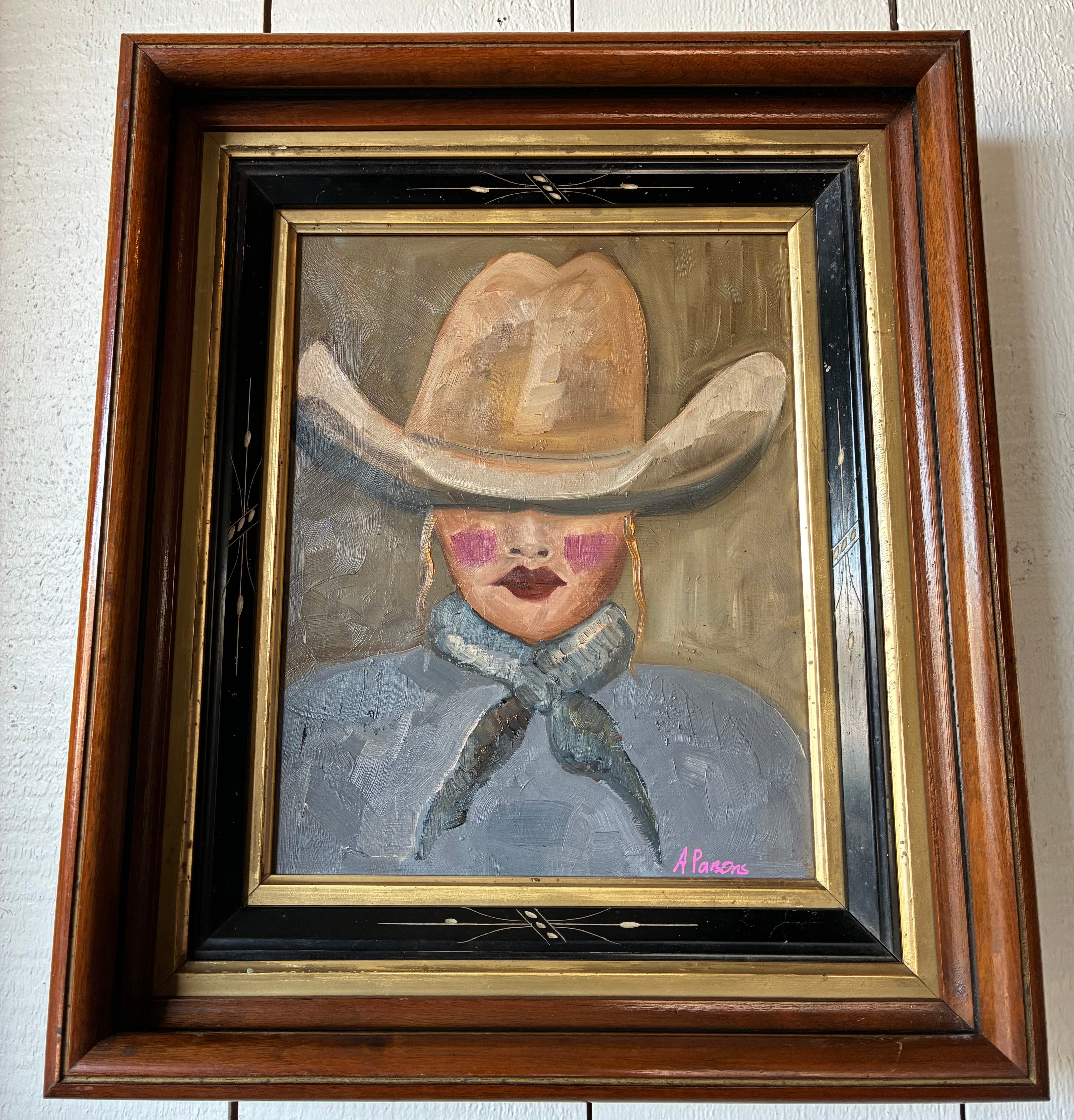 Alison Parsons, Cowgirl in White Hat 12” x 14” in Vintage Early 1900 Eastlake Frame