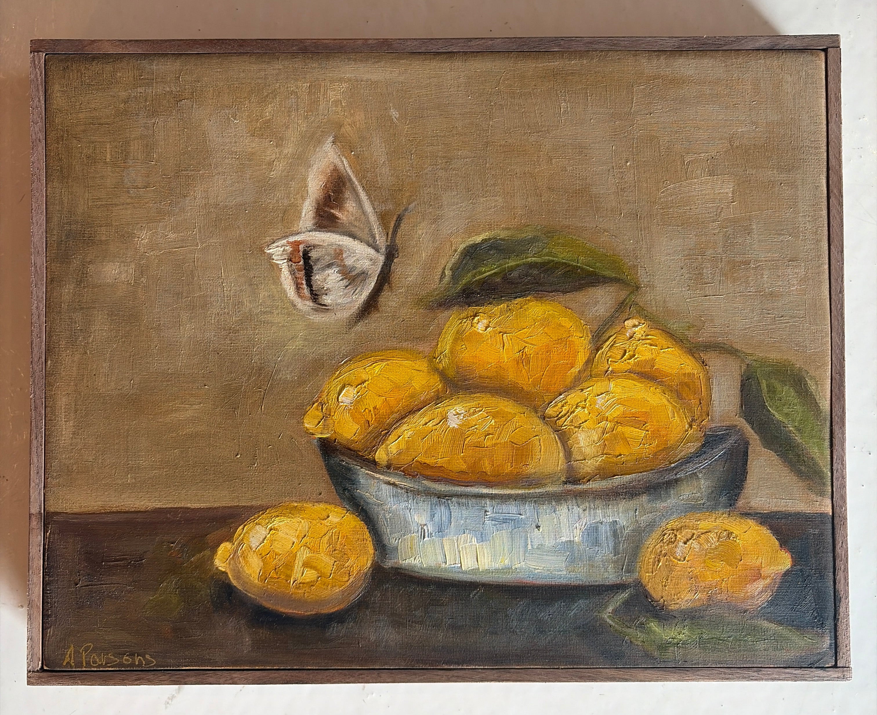 Alison Parsons, Butterfly and Lemons in a Bowl 11.5”x14.5”