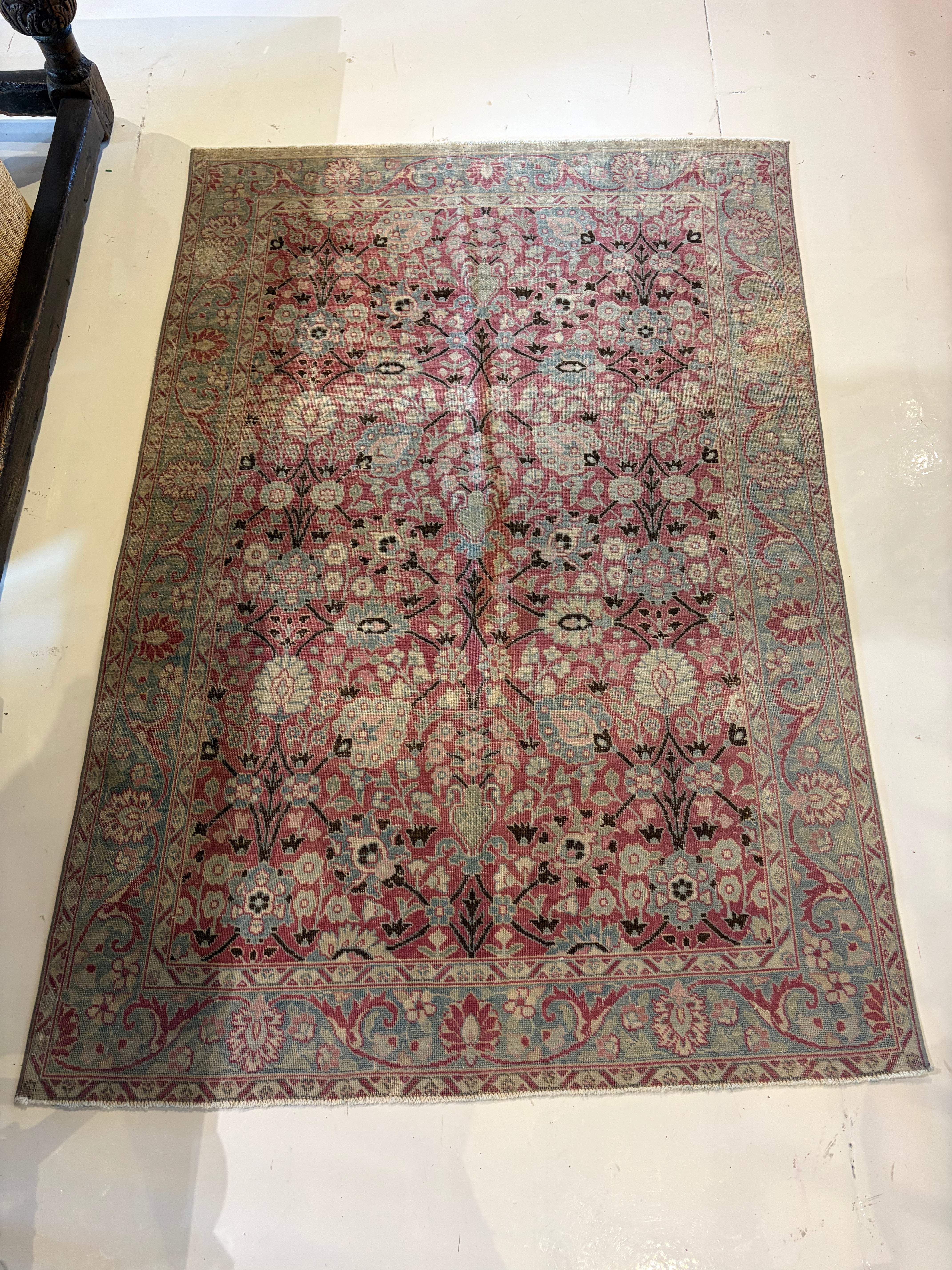 Blue and Pink Floral Vintage Rug Runner 73”x51”