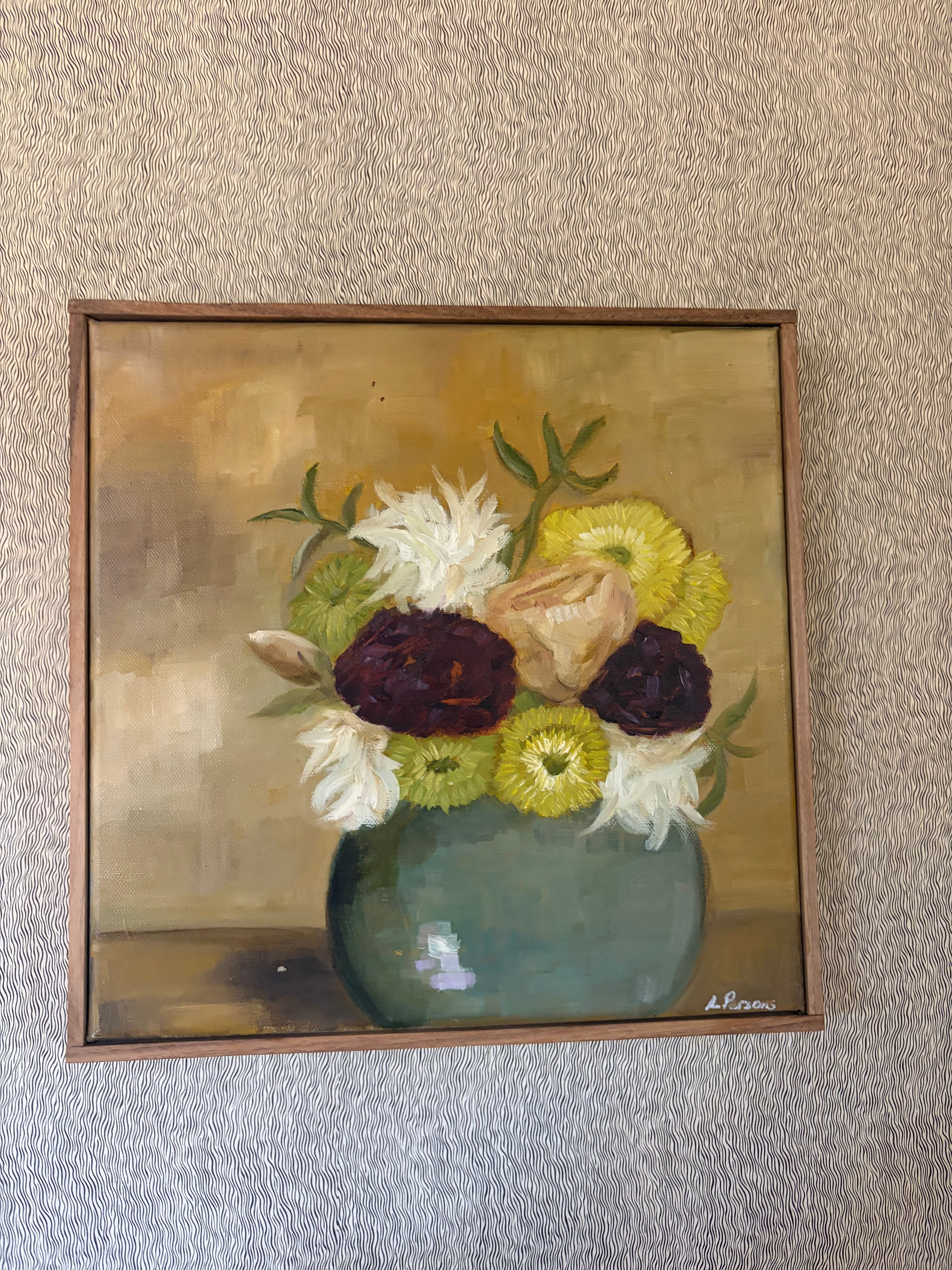 Purple Green Flowers in Blue Vase oil painting 12x12