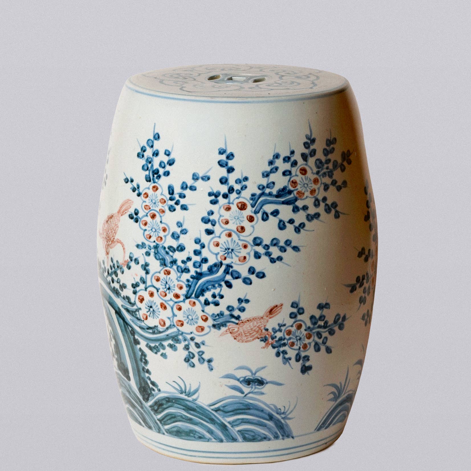 Red and Blue Porcelain Bird and Flower Garden Seat