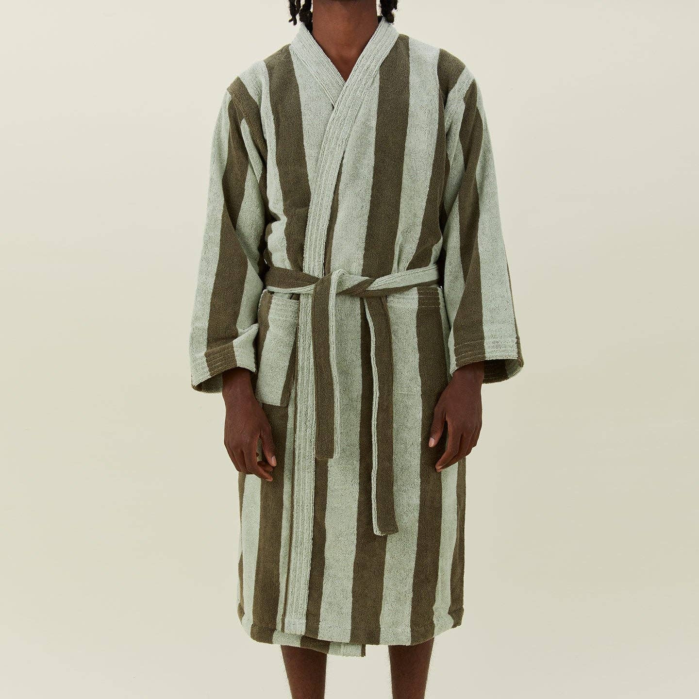 Simple Striped Terry Bathrobe- Olive/Sage: Large