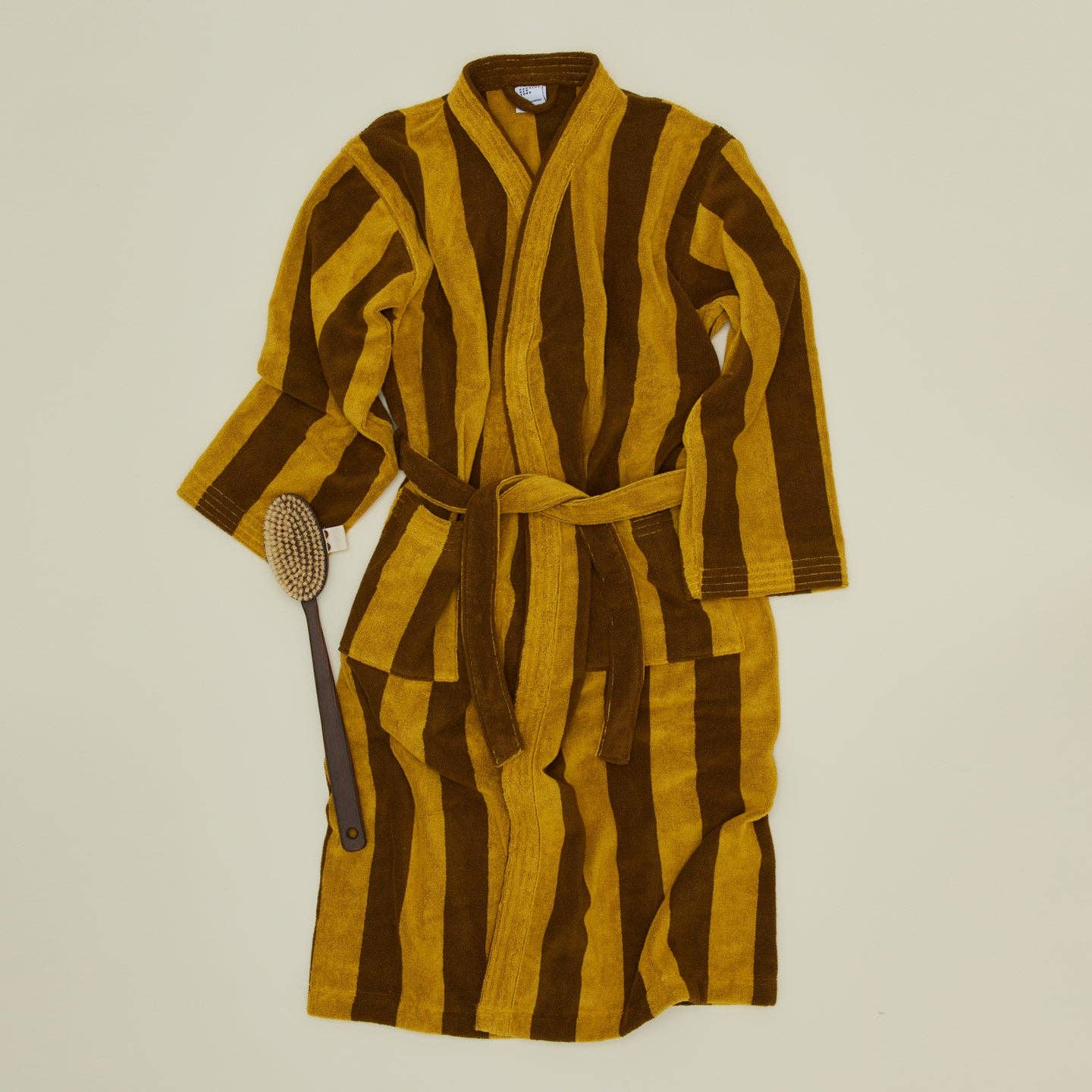 Simple Striped Terry Bathrobe- Mustard/Bronze: Large