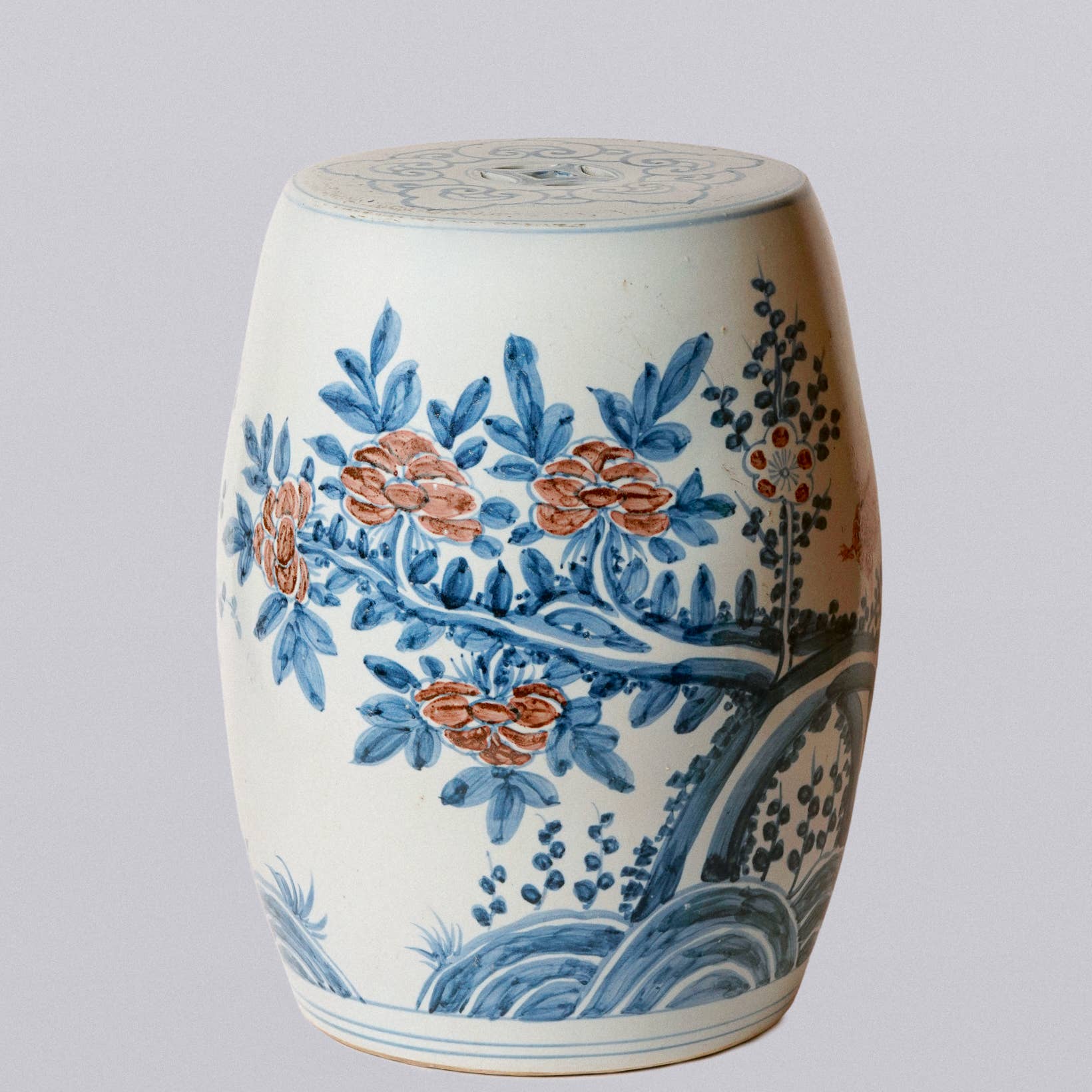 Red and Blue Porcelain Bird and Flower Garden Seat