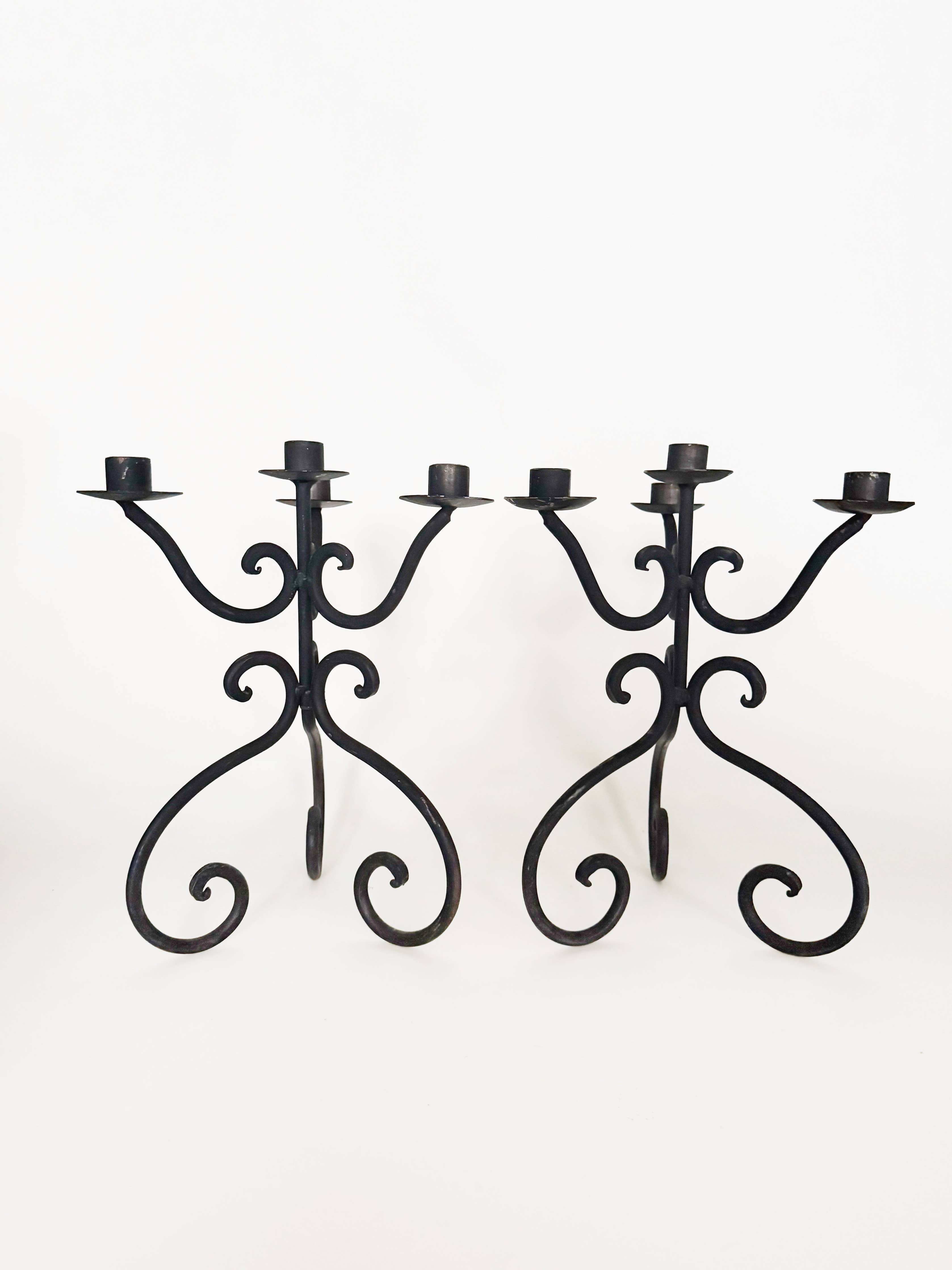 Pair of Heavy Iron Scroll Candelabras (candleholders)