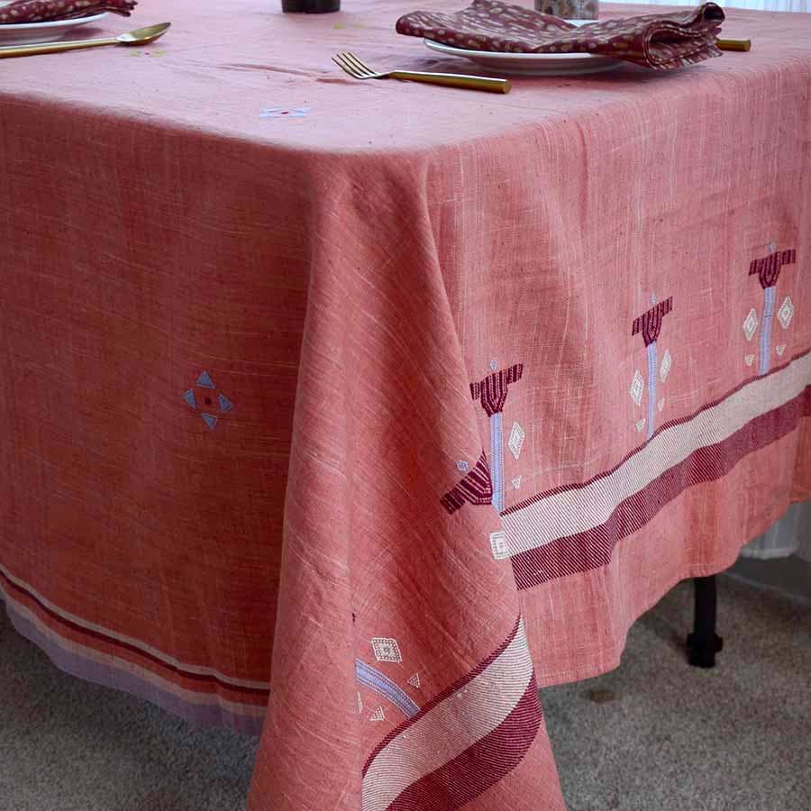 Pink Handwoven Organic Cotton Tablecloth | Indian Summer: 56"x108"