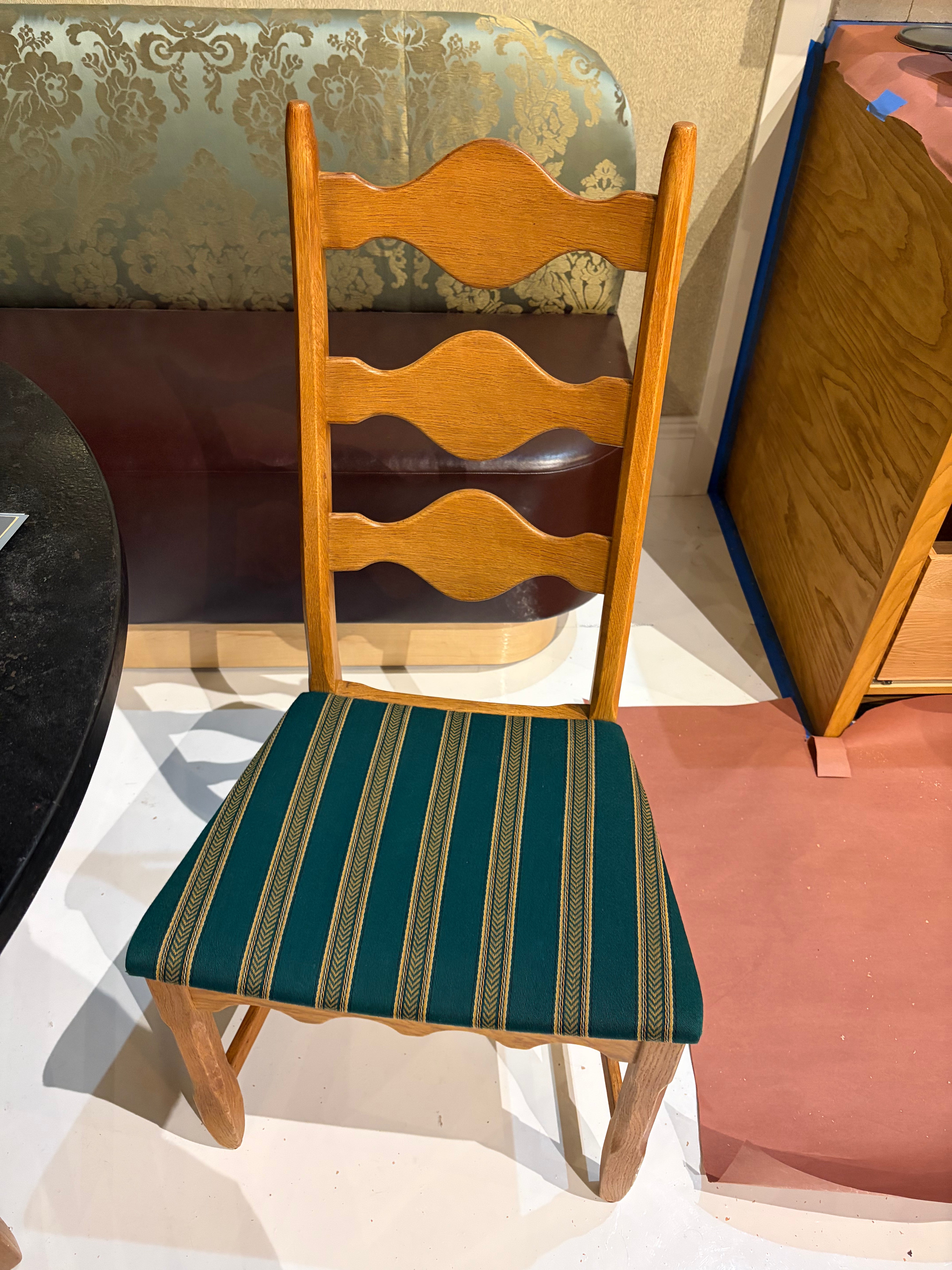 Danish Oak Dining Chairs Striped Upholstery Set of 3