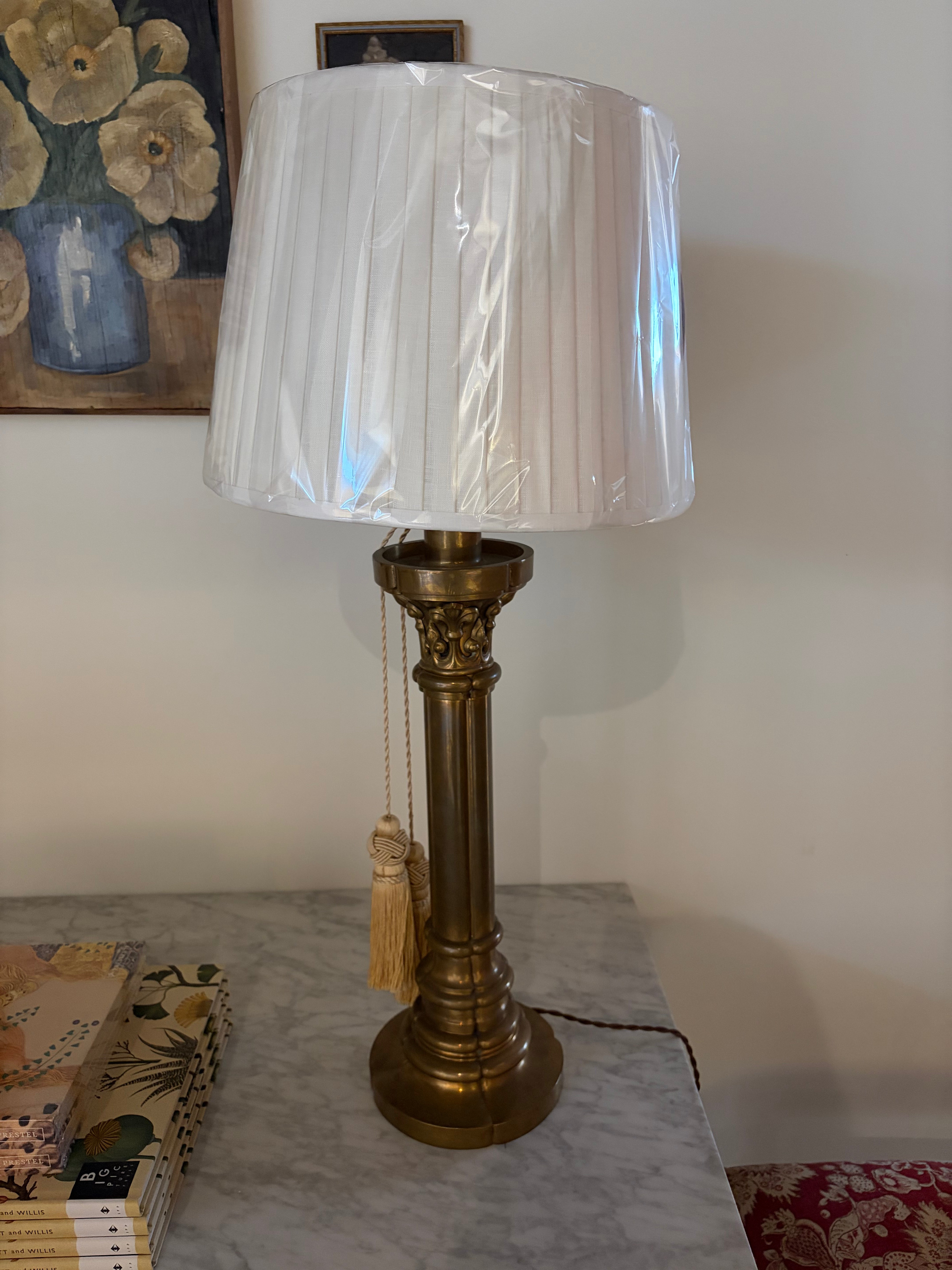 Tall Brass Table Lamp with White Pleated Shade